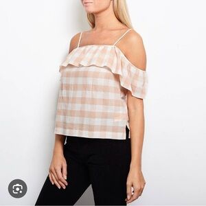 Club Monaco Beige Checkered Off-Shoulder Blouse